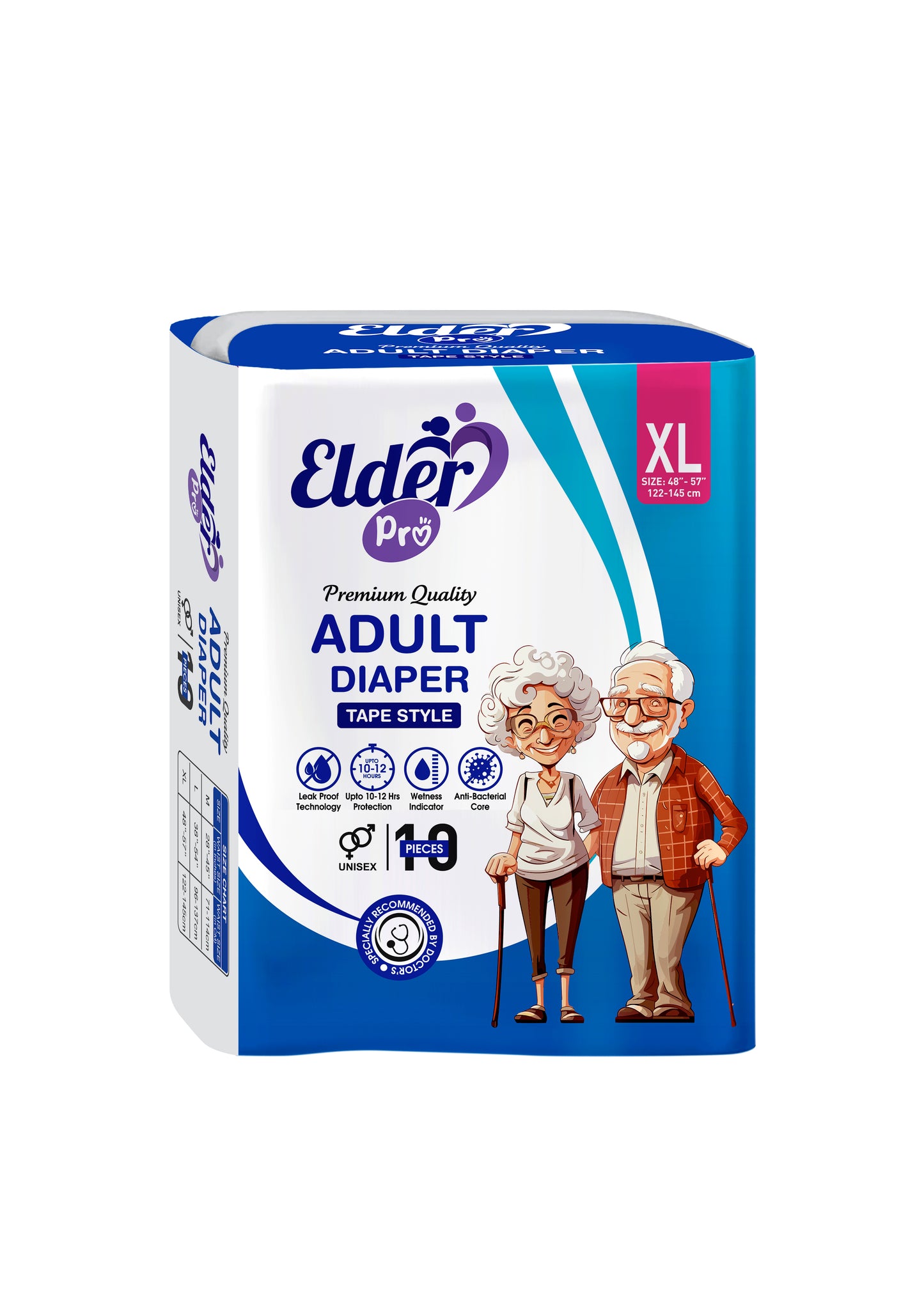 "Elder Pro" Adult Tape Style Premium Diaper Size XL-10 (48"-57") Waist Size