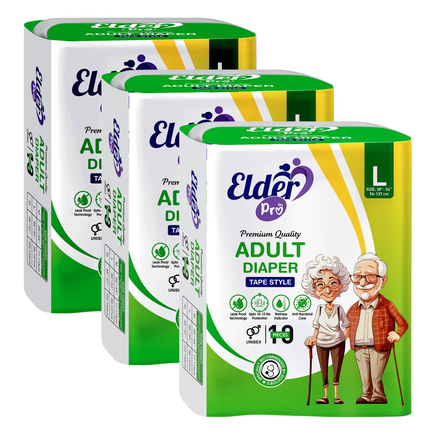 "Elder Pro" Adult Tape Style Premium Diaper Size L-10 (38"-54") Waist Size