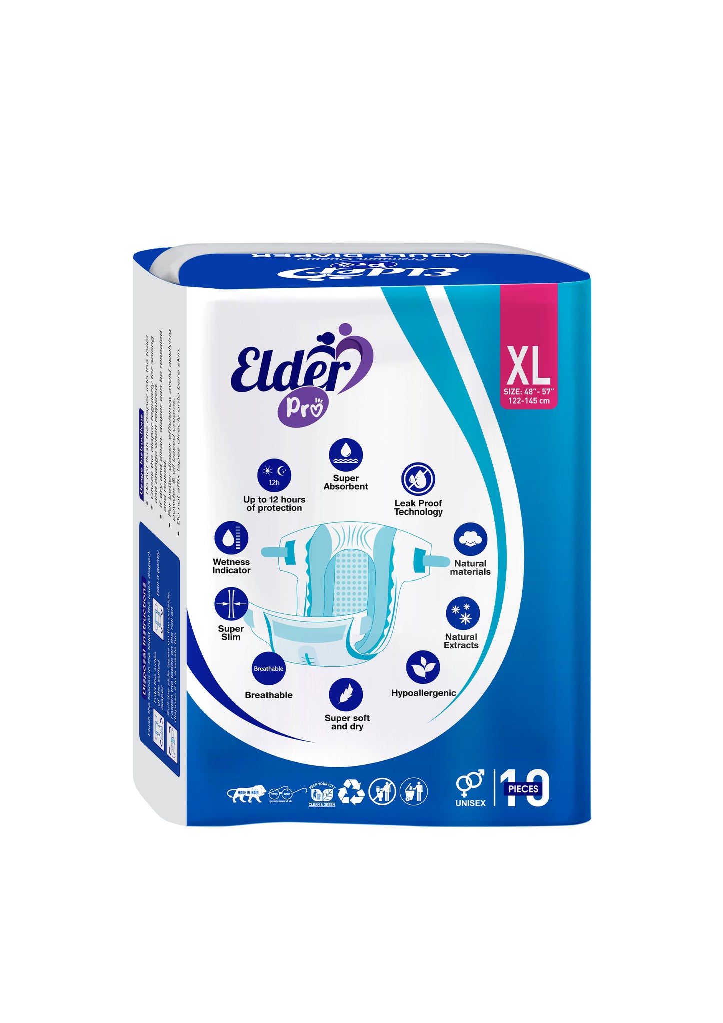 "Elder Pro" Adult Tape Style Premium Diaper Size XL-10 (48"-57") Waist Size